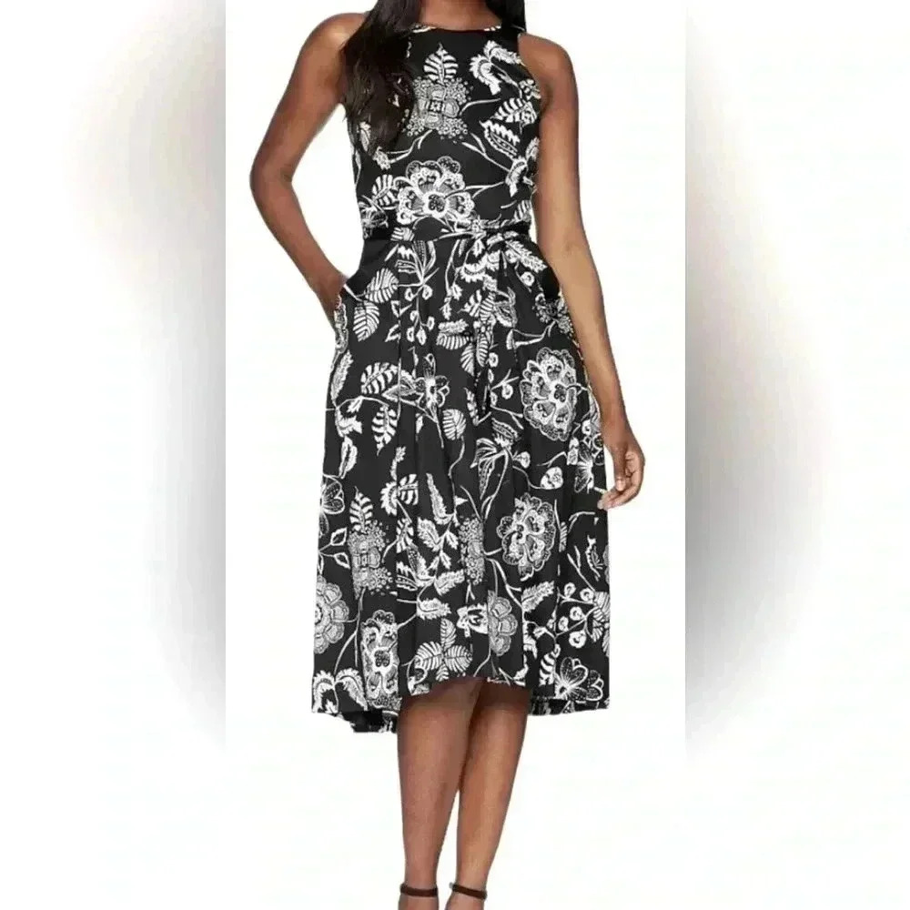 Tahari Black and White Floral Midi Dress